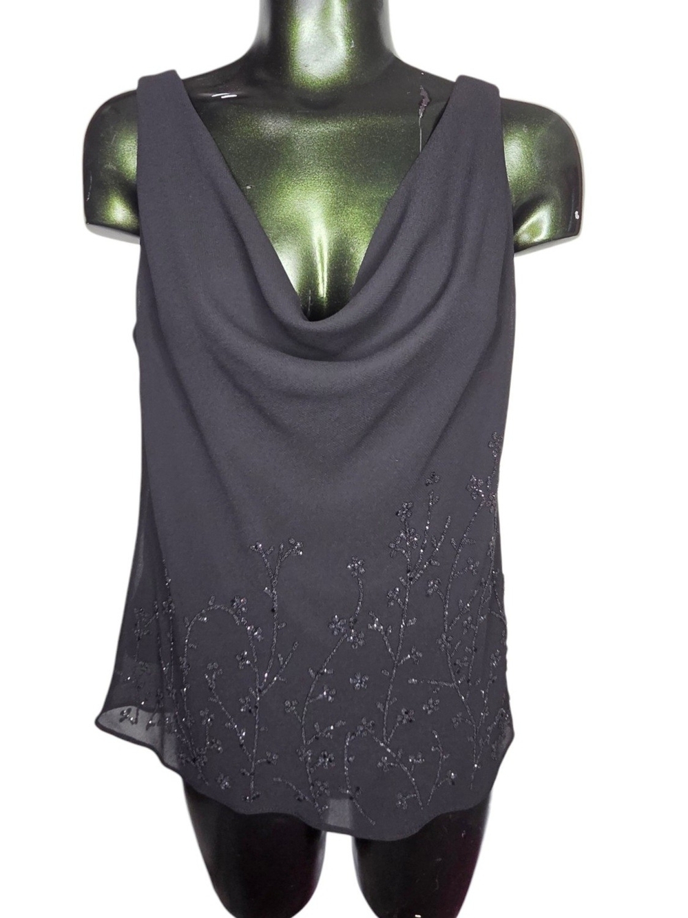 Vintage Women’s Black Beaded Cowl Neck Tank Top Size Medium